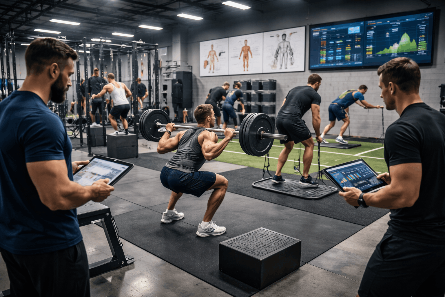 Athletes performing professional gym-based exercises guided by coaches as part of strength and conditioning training.