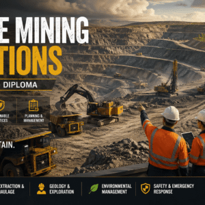 Surface Mining Operations training with mining equipment, haul trucks, and open-pit mine environment