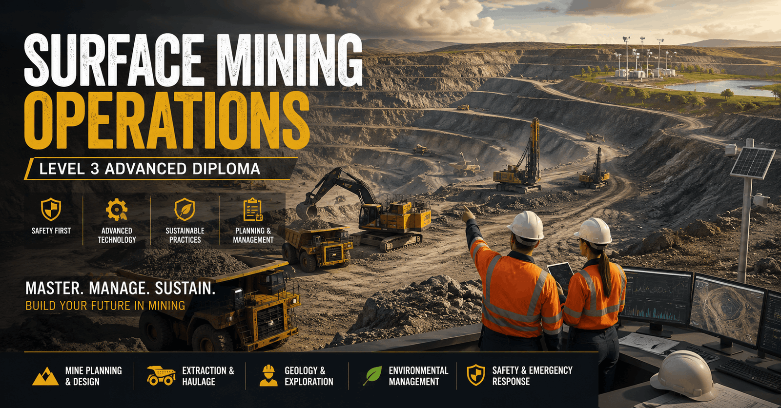 Surface Mining Operations training with mining equipment, haul trucks, and open-pit mine environment