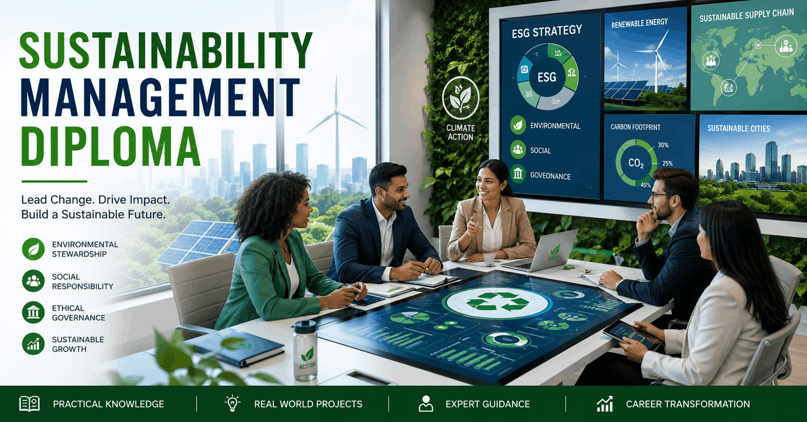Professional team discussing sustainability strategies in a Sustainability Management Diploma course