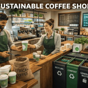 Sustainable coffee shops showing baristas using eco-friendly cups, recycling bins and ethically sourced coffee beans