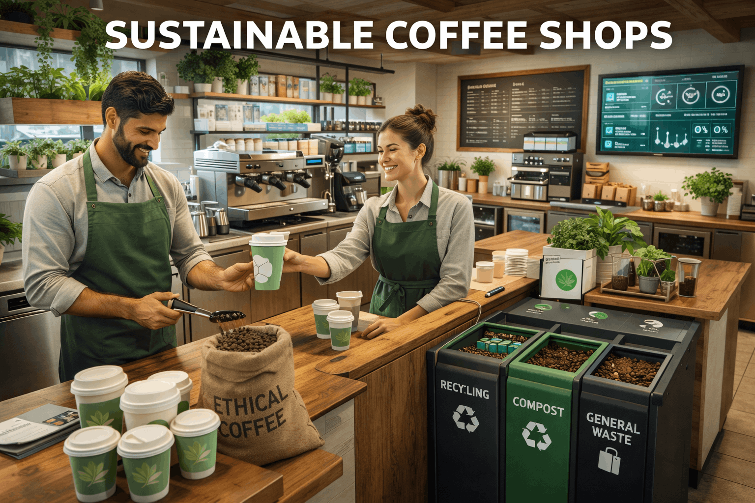 Sustainable coffee shops showing baristas using eco-friendly cups, recycling bins and ethically sourced coffee beans