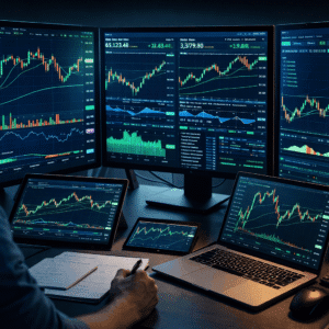 Swing Trading Course showing stock charts, trading screens and technical indicators