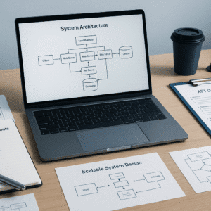 System design course banner showing architecture diagrams, components, analysis tools and a modern technical workspace.
