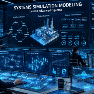 Data analyst using Systems Simulation Modeling software with digital system diagrams and predictive analytics dashboards