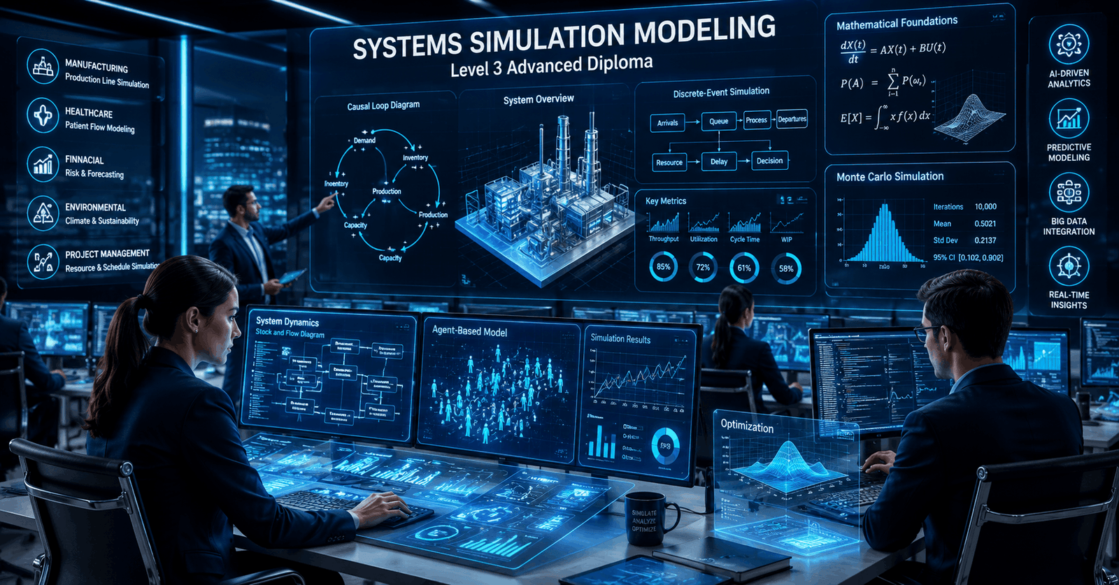Data analyst using Systems Simulation Modeling software with digital system diagrams and predictive analytics dashboards
