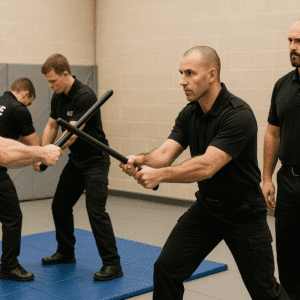 Tactical defense training for security and police showing officers practising close combat and baton techniques.
