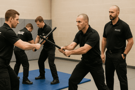 Tactical defense training for security and police showing officers practising close combat and baton techniques.