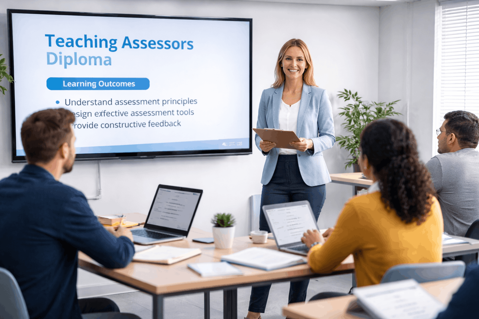 Professional assessor delivering learner assessment in a UK classroom as part of the Teaching Assessors Diploma Level 3 Advanced.