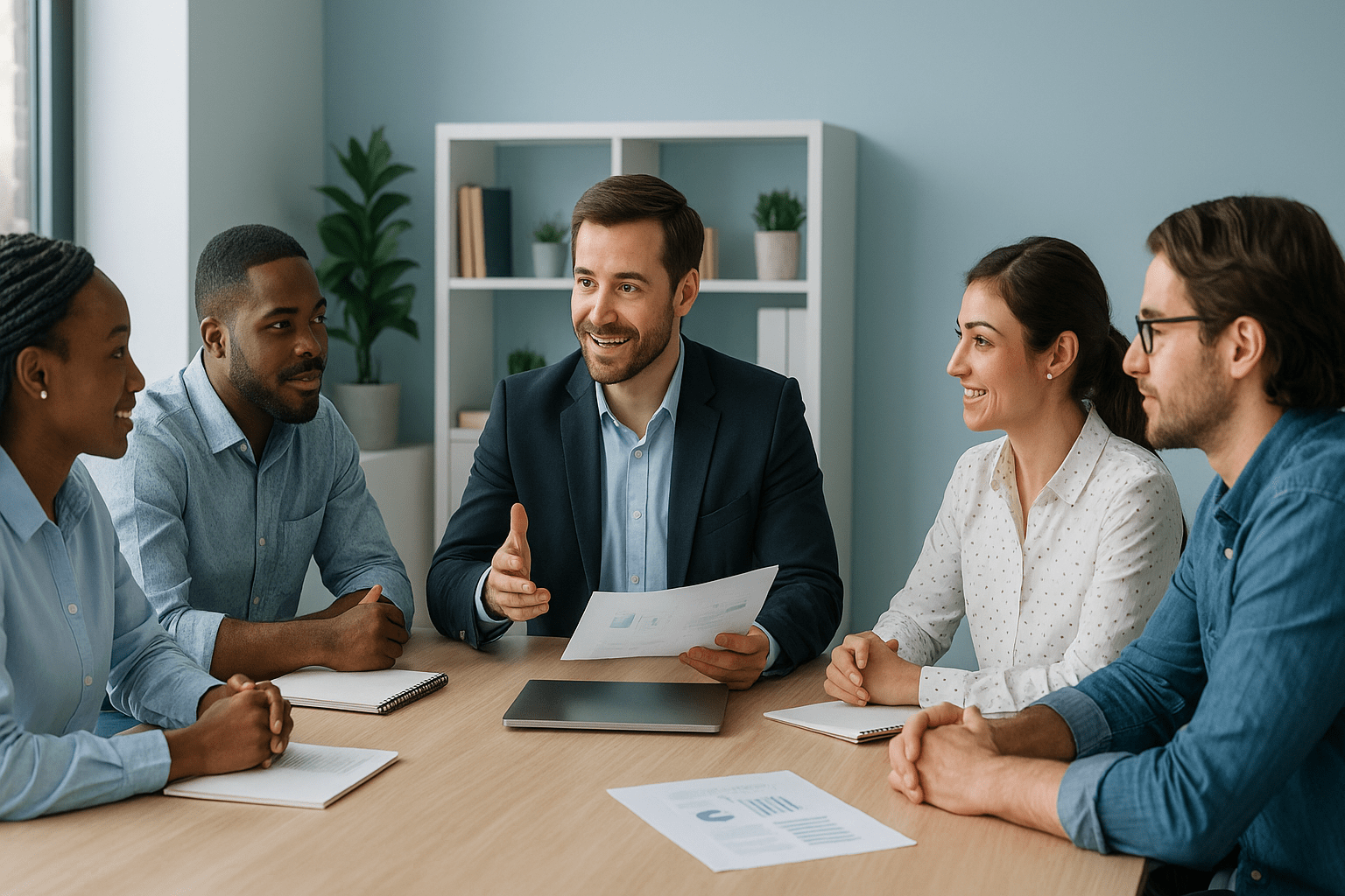Professional team meeting with a leader guiding discussion, representing team management training in a modern workplace.