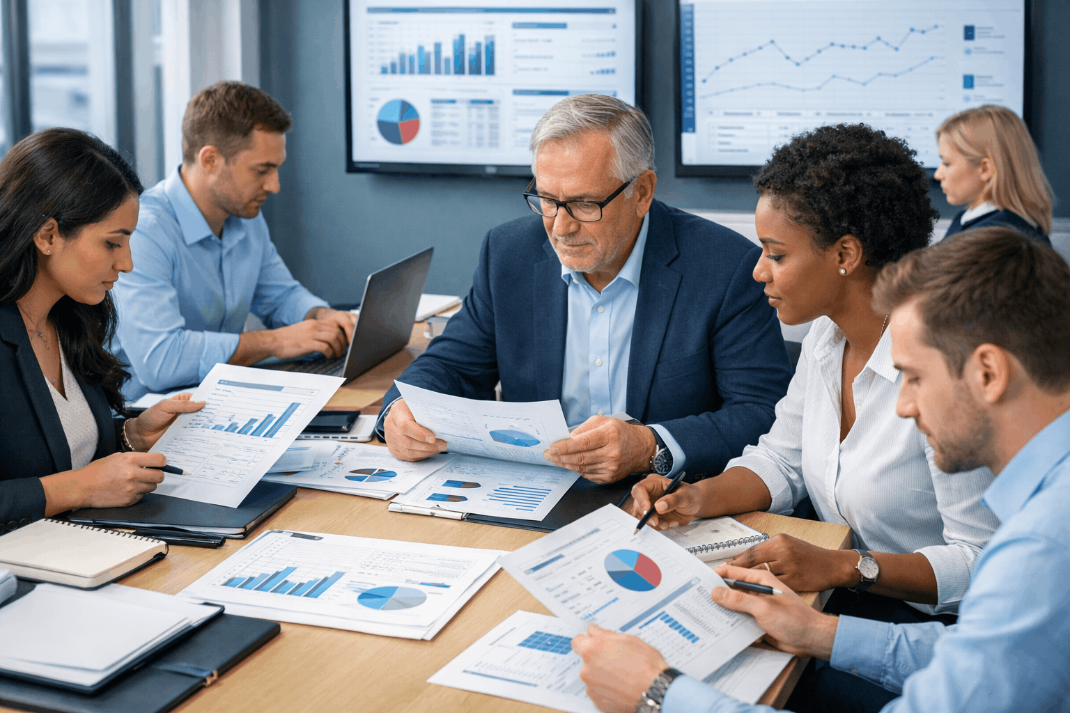 Technical report writing course with professionals creating structured reports and data visuals in a modern business setting