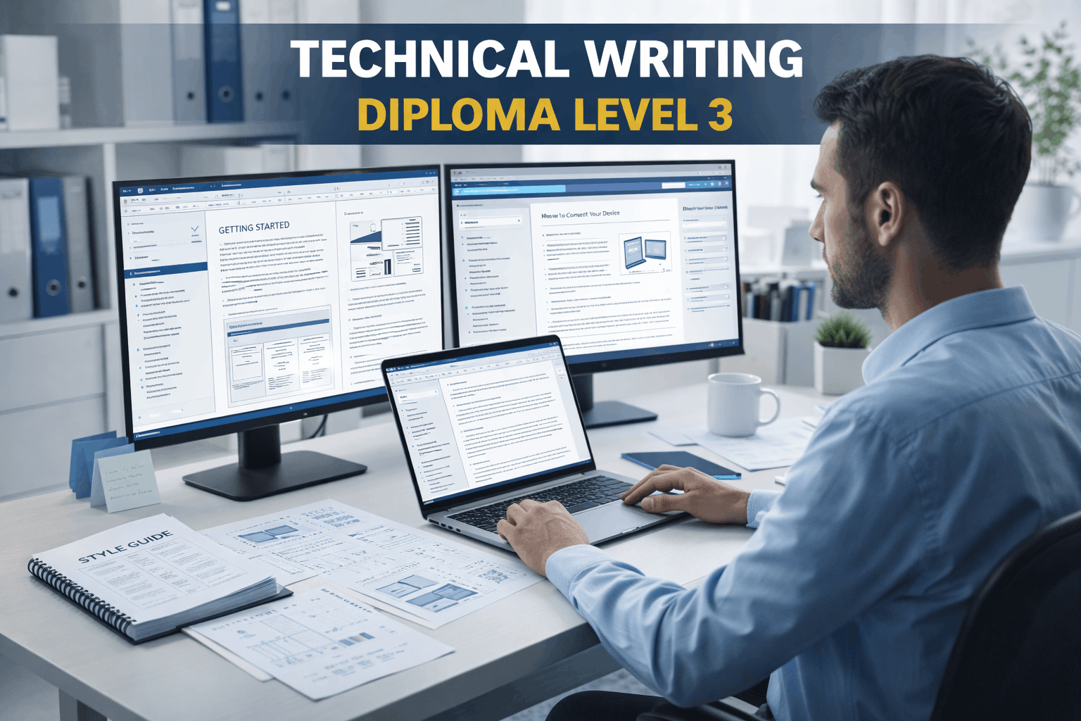 Technical Writing Diploma Level 3 showing a technical writer creating manuals and digital documentation on a computer