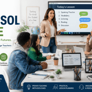 TEFL TESOL Course featuring an English teacher leading an international classroom with digital learning tools