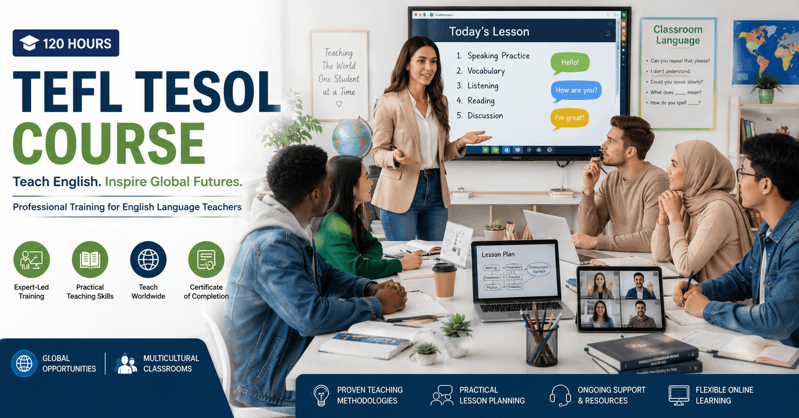 TEFL TESOL Course featuring an English teacher leading an international classroom with digital learning tools