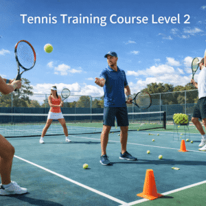 Tennis training course Level 2 players practising forehand, footwork and drills on a professional tennis court