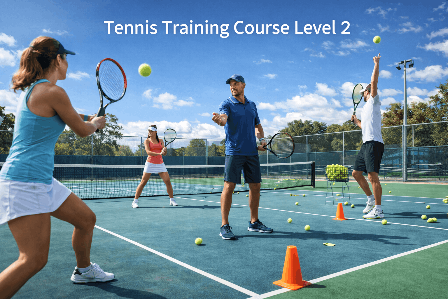 Tennis training course Level 2 players practising forehand, footwork and drills on a professional tennis court