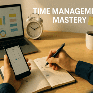 Professional learning time management with planner, clock, and digital productivity tools