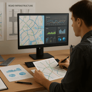 A student analysing transport networks, road layouts, and traffic data on a computer, representing transport engineering concepts.