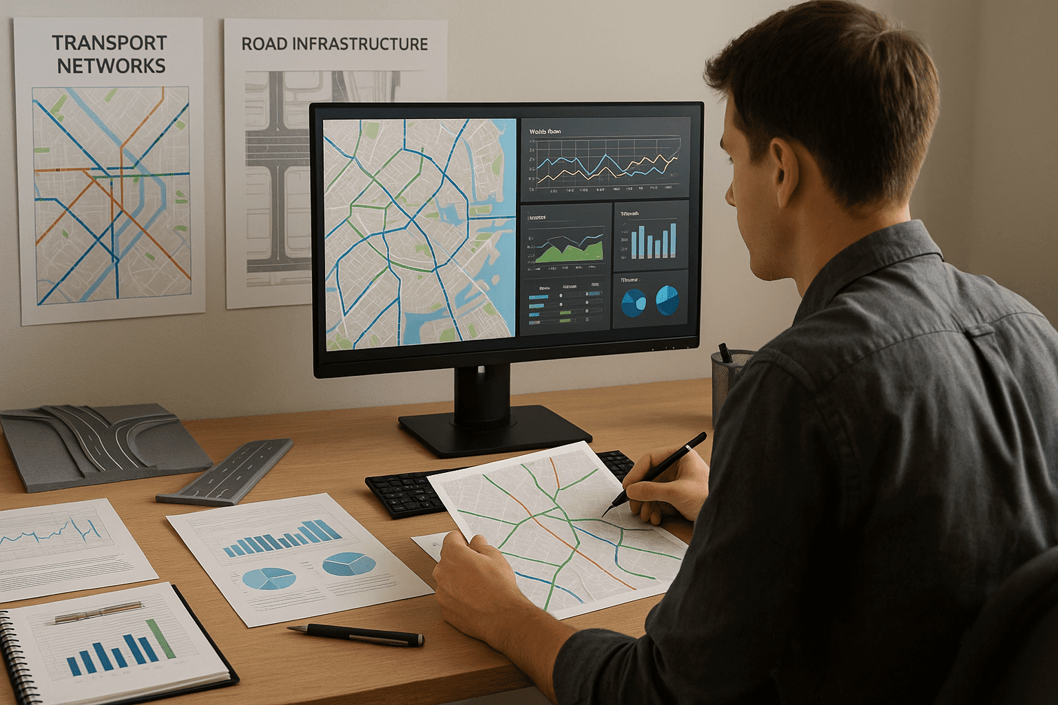 A student analysing transport networks, road layouts, and traffic data on a computer, representing transport engineering concepts.