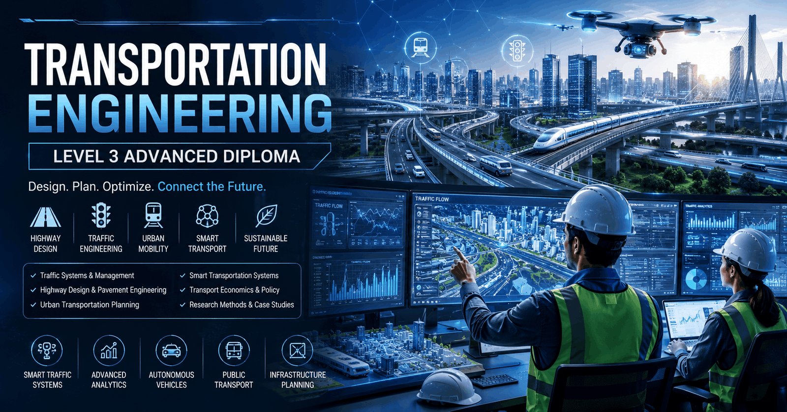 Transportation engineering professionals analysing smart traffic systems and highway infrastructure designs