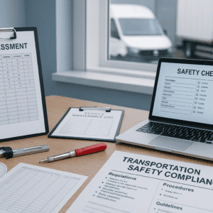 Transportation safety compliance training scene with UK vehicles, inspection tools, risk charts, and safety documents.