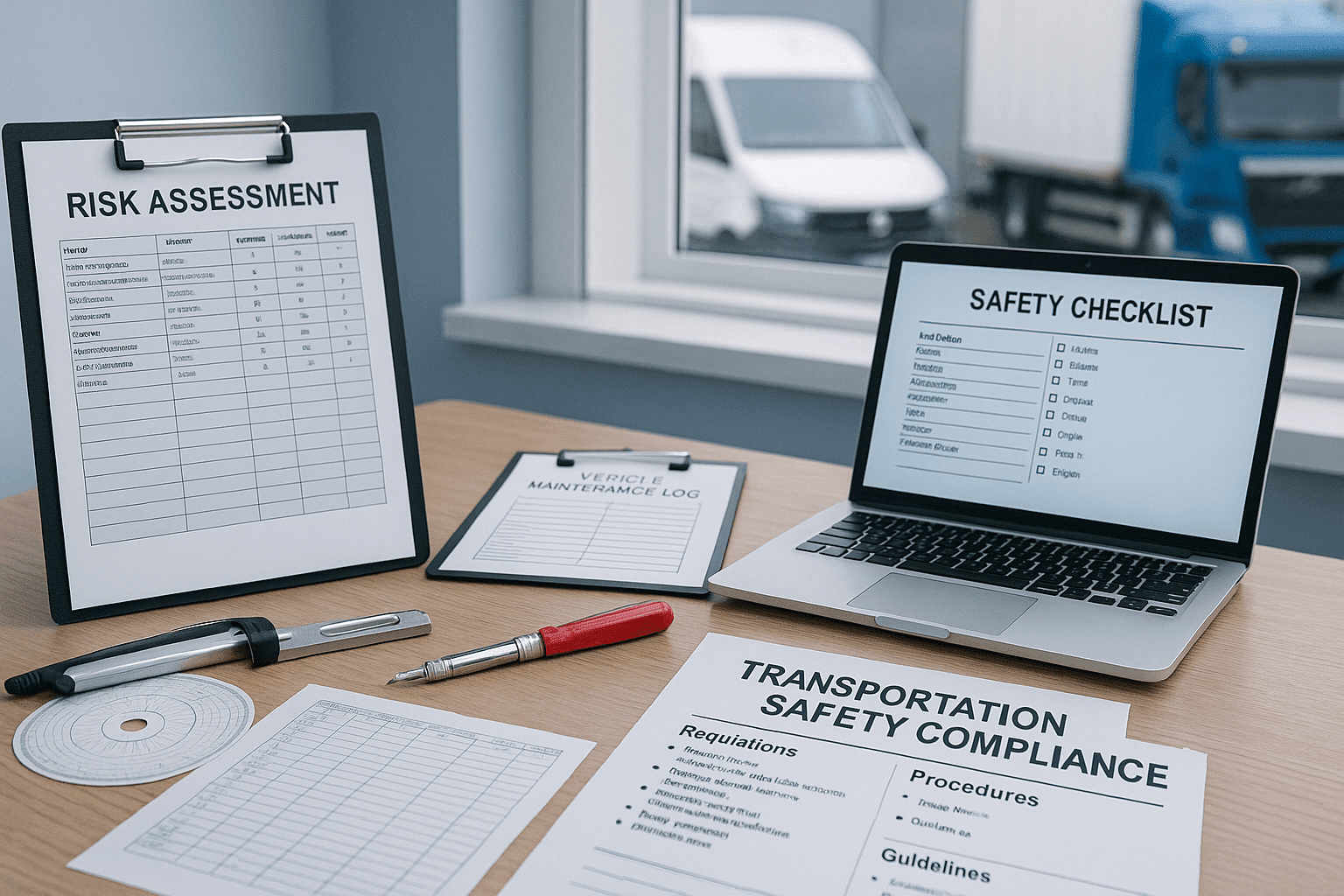 Transportation safety compliance training scene with UK vehicles, inspection tools, risk charts, and safety documents.
