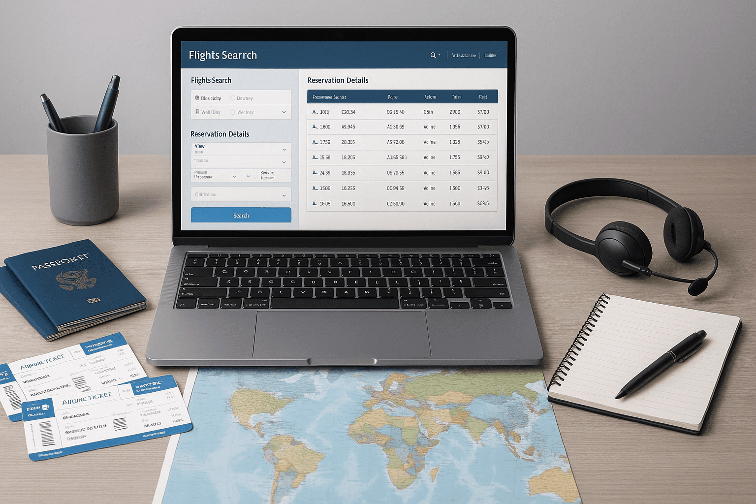 Professional travel agency desk with booking software, tickets, maps, and a headset representing Travel Agency Essentials training.