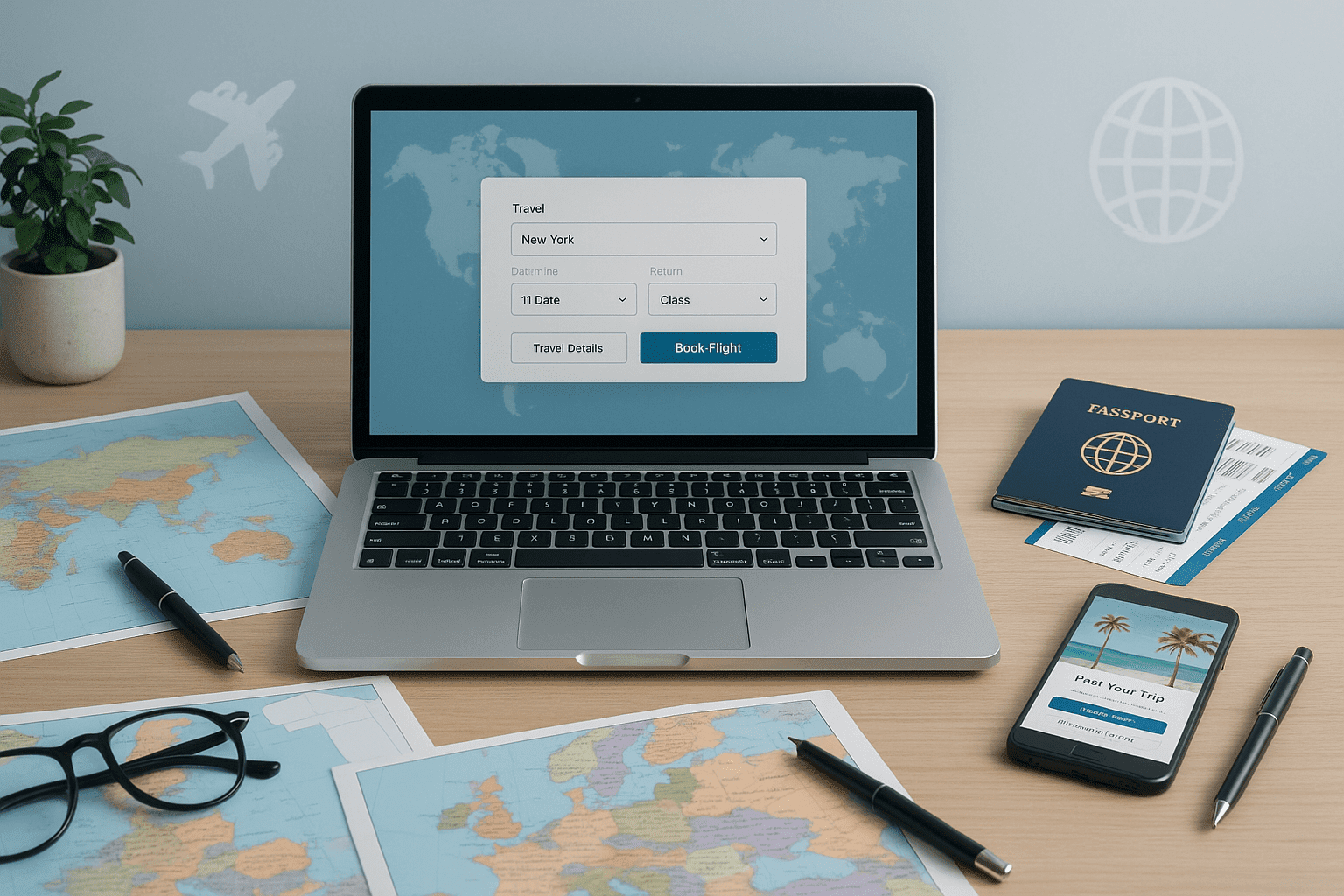 Modern travel agency desk with maps, laptop, booking tools, and documents representing a travel agent course.