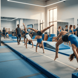 Student performing acrobatic tumbling skills during a Tumbling Training Course session