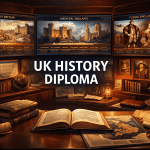 UK History Diploma featuring British historical periods, medieval castles, Tudor England and modern UK heritage