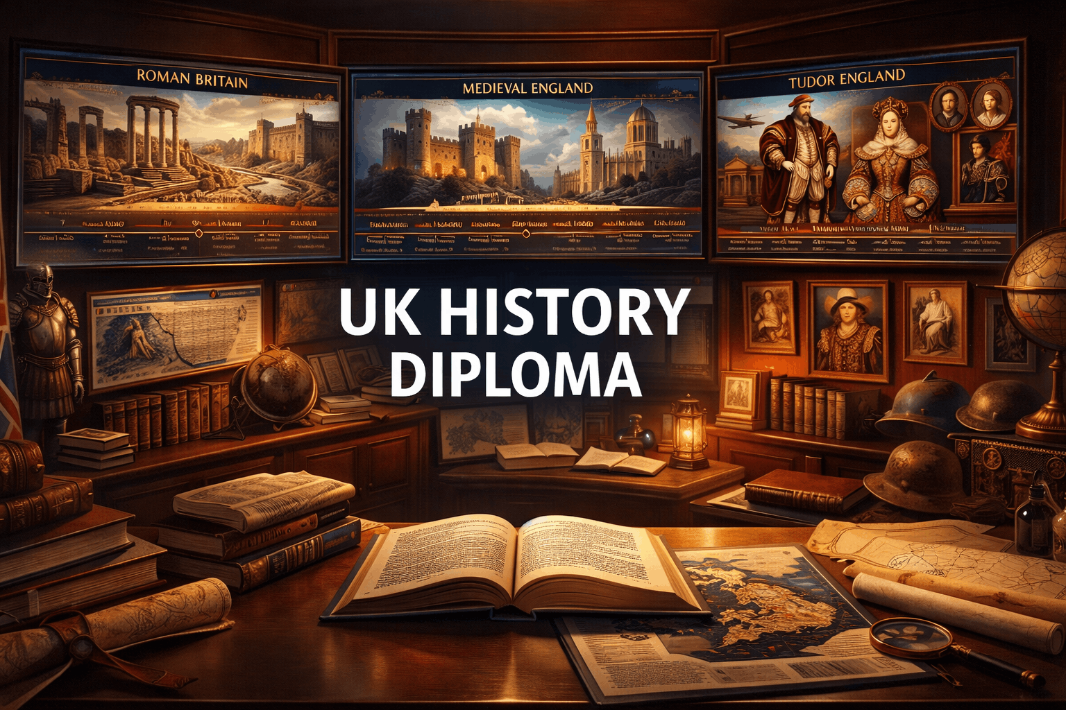 UK History Diploma featuring British historical periods, medieval castles, Tudor England and modern UK heritage
