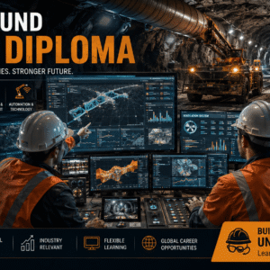 Underground Mining Diploma learners studying mine tunnels, mining equipment, and safety systems