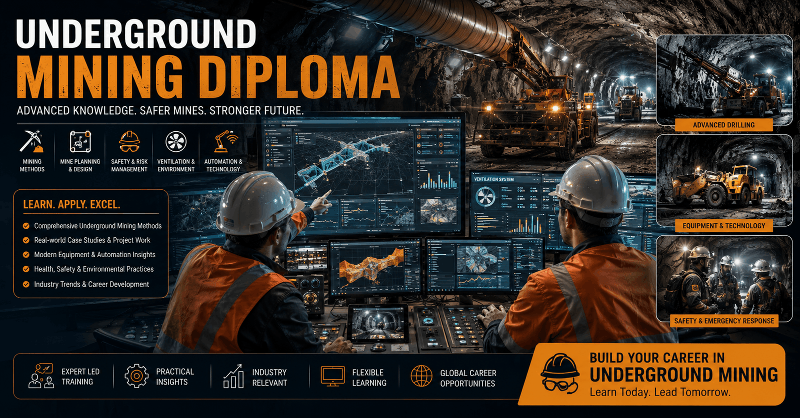Underground Mining Diploma learners studying mine tunnels, mining equipment, and safety systems