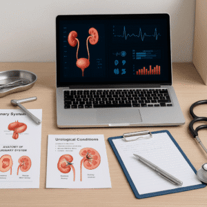 Urology course training image showing medical tools, diagrams and a urology workspace.