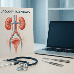Medical desk with urinary system chart, laptop and tools representing urology essentials and diagnostic learning.