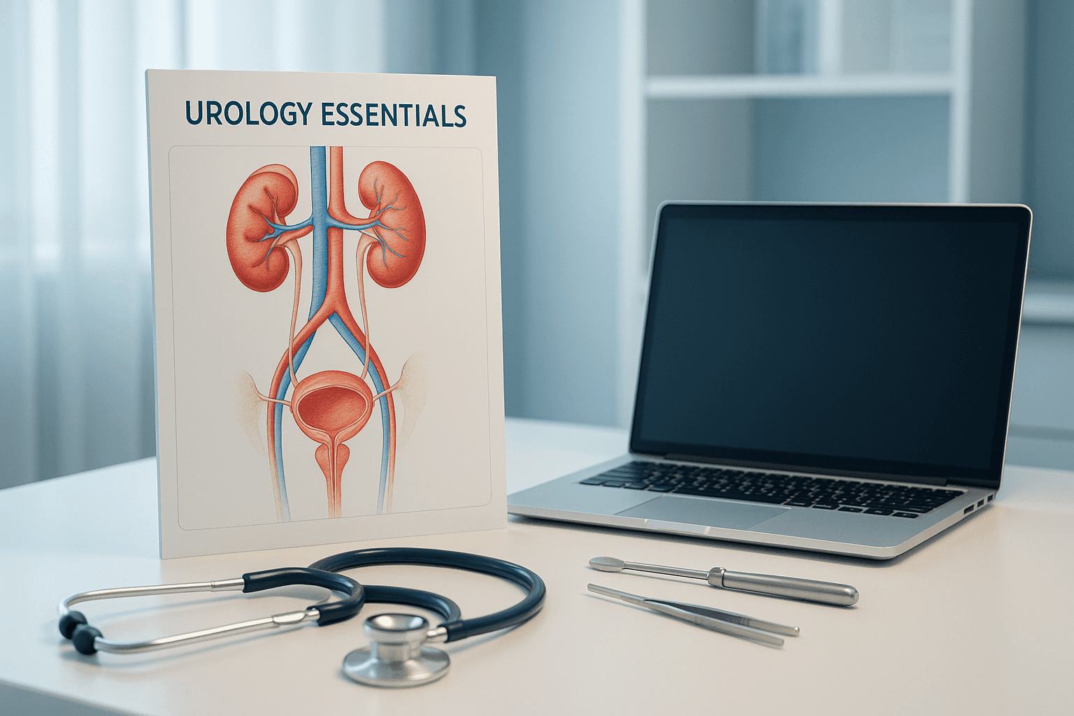 Medical desk with urinary system chart, laptop and tools representing urology essentials and diagnostic learning.