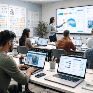 Students learning UX Research Fundamentals in a modern design classroom using usability testing tools, surveys and digital screens