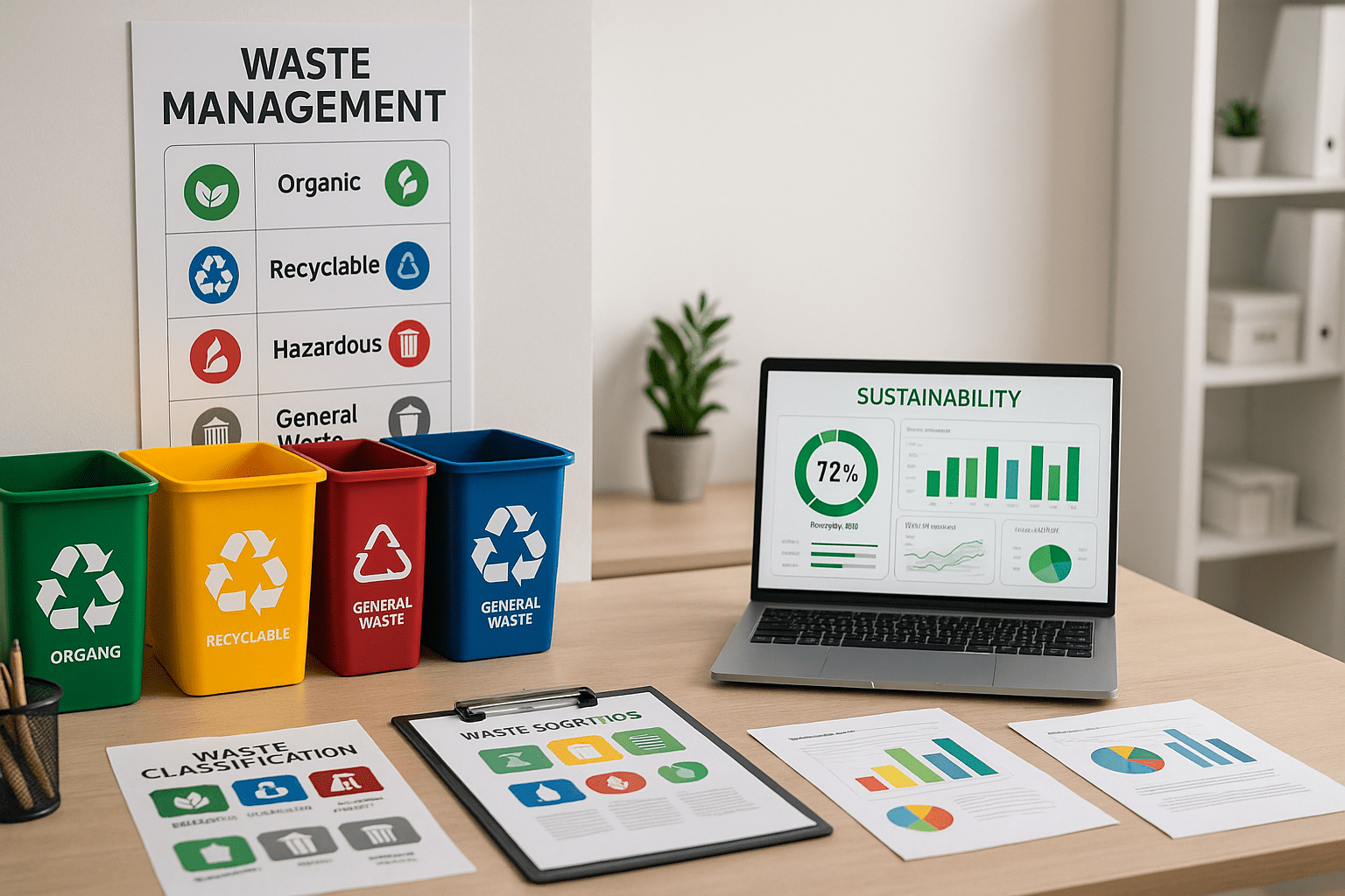 Modern waste management training setup with recycling bins, charts, and planning tools.
