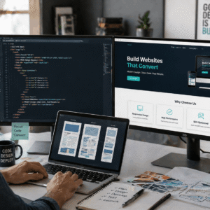 Developer designing responsive website layout with code editor in a web design course environment