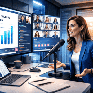 Winning Webinars Training showing a professional presenter hosting a live online webinar with engaged virtual audience