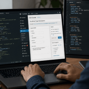 Developer creating a custom plugin on laptop dashboard, showcasing WordPress plugin development workflow and coding interface