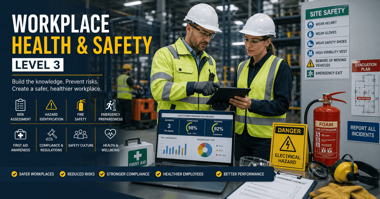 Workplace Health Safety training showing safety officers conducting inspections in a professional work environment