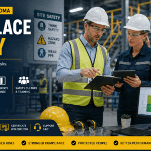 Workplace Safety Diploma training showing professionals conducting safety inspections in a modern workplace