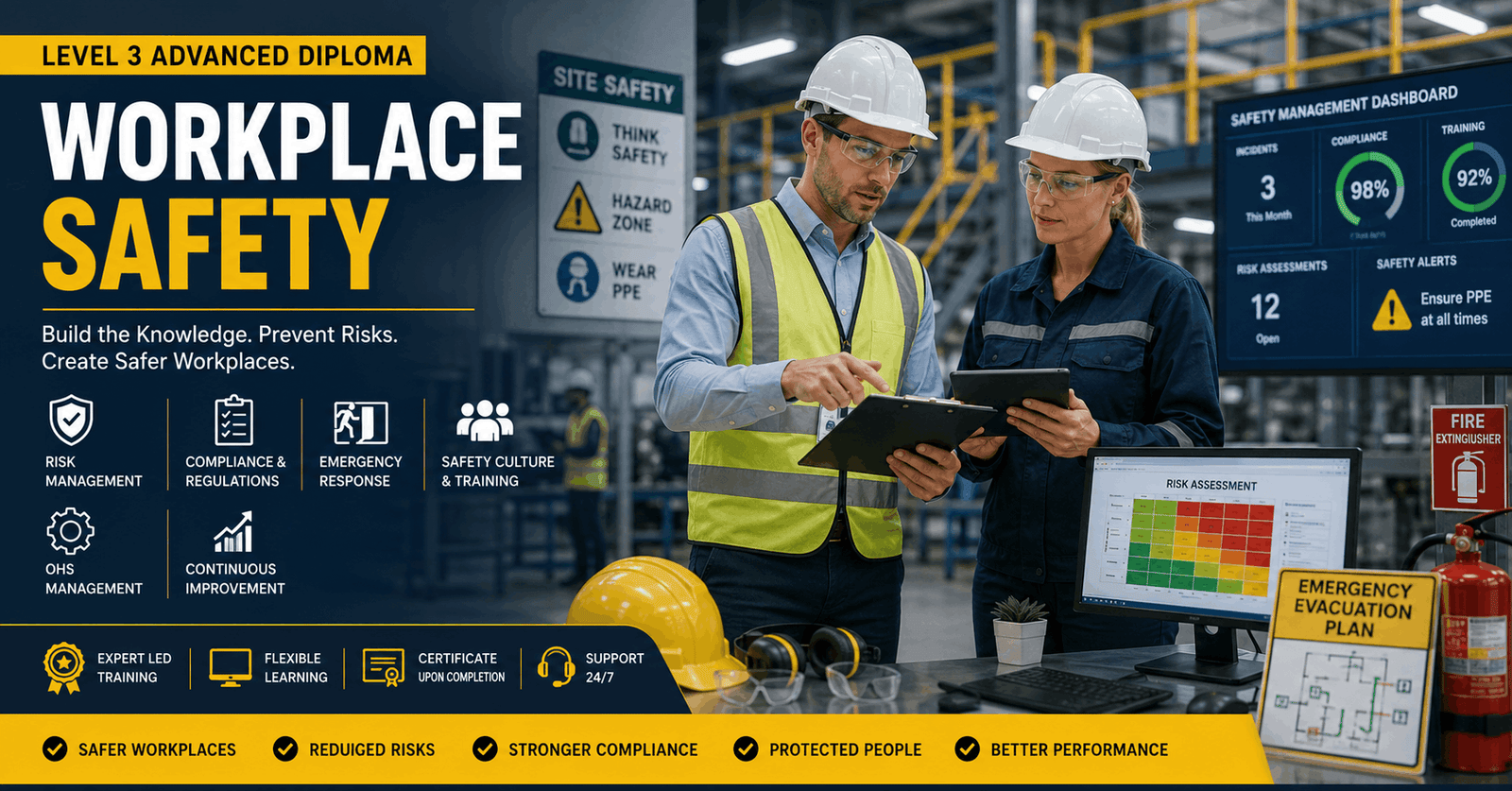 Workplace Safety Diploma training showing professionals conducting safety inspections in a modern workplace