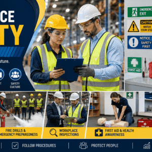 Workplace Safety Training showing employees using PPE and following workplace health and safety procedures