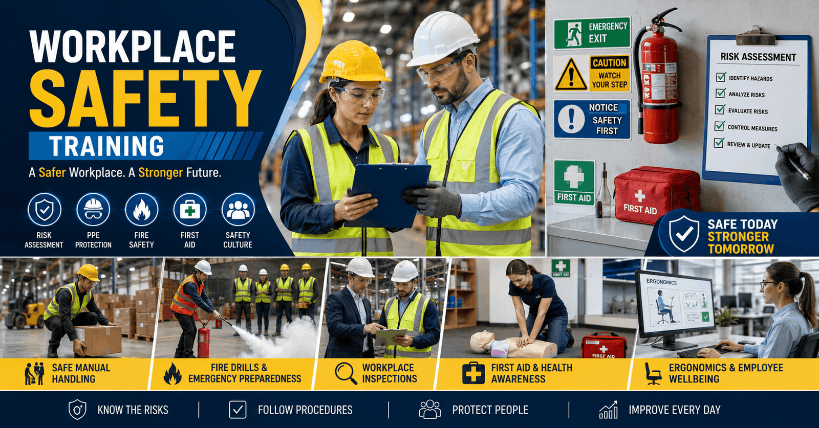 Workplace Safety Training showing employees using PPE and following workplace health and safety procedures