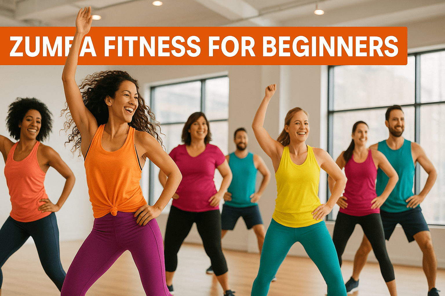 Zumba fitness beginners image featuring people dancing in a bright studio with energetic Latin-inspired moves.