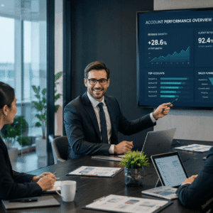 Account manager meeting clients and reviewing business performance in an Account Management Course setting