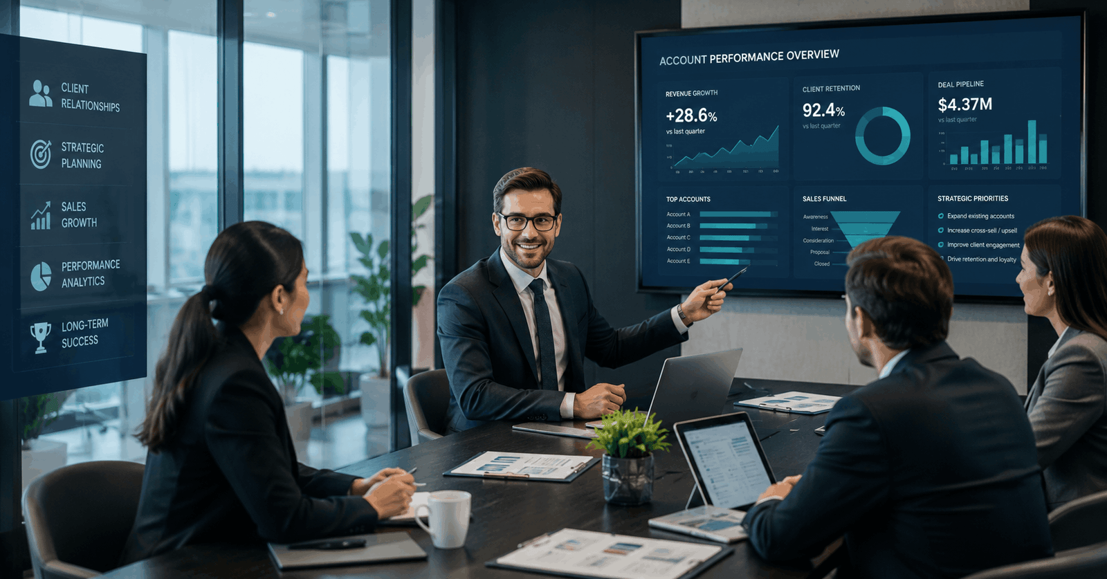 Account manager meeting clients and reviewing business performance in an Account Management Course setting