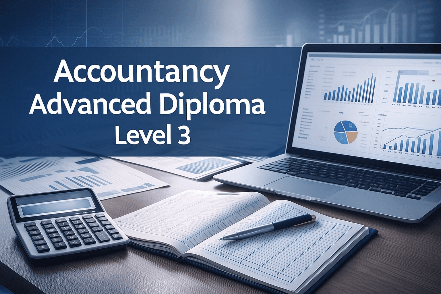 Accountancy Advanced Diploma Level 3 course banner showing financial statements, charts and calculator.